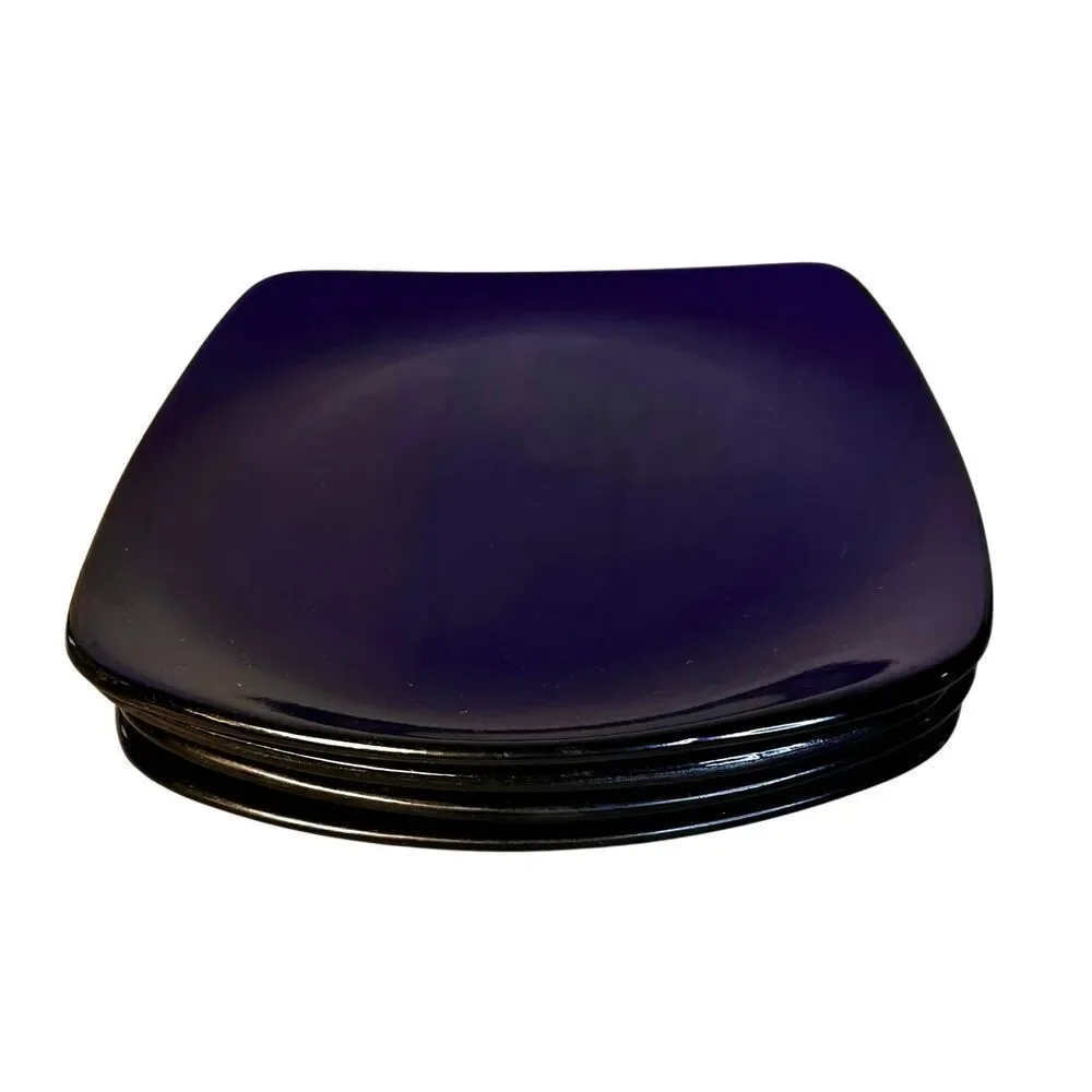 Set of 4 CORELLE HEARTHSTONE Stoneware Dinner Plates Cobalt Indigo Black Square